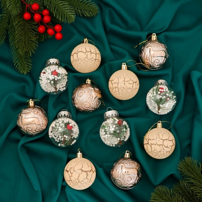 Набор шаров пластик d-6 см, 12 шт Набор шаров пластик d-6 см, 12 шт "Зимняя музыка" ёлочка, золото