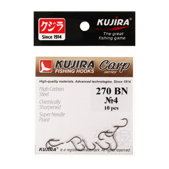 Крючки карповые Kujira Carp 270, цвет BN, № 4, 10 шт. Крючки карповые Kujira Carp 270, цвет BN, № 4, 10 шт.