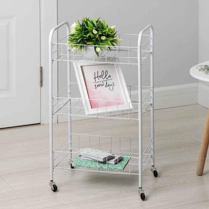 Этажерка напольная 3-х секционная, на колёсиках, 27×36×66 см, цвет белый Этажерка напольная 3-х секционная, на колёсиках, 27×36×66 см, цвет белый