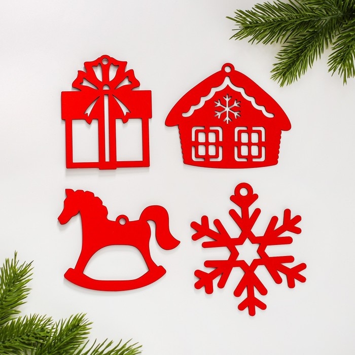 Ёлочная игрушка новогодняя деревянная, 4 шт, набор красный Ёлочная игрушка новогодняя деревянная, 4 шт, набор красный