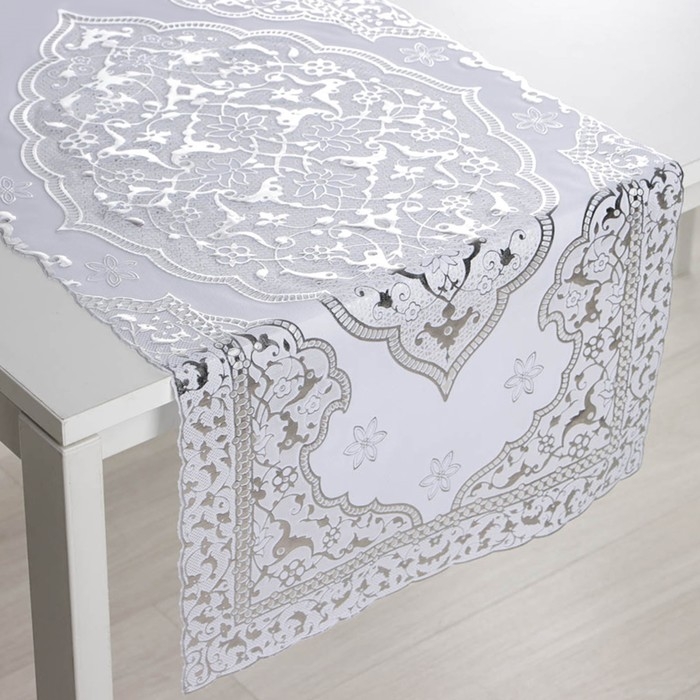 Салфетка сервировочная на стол «Восток», ажурная, 84×40 см, ПВХ, цвет серебряный Салфетка сервировочная на стол «Восток», ажурная, 84×40 см, ПВХ, цвет серебряный