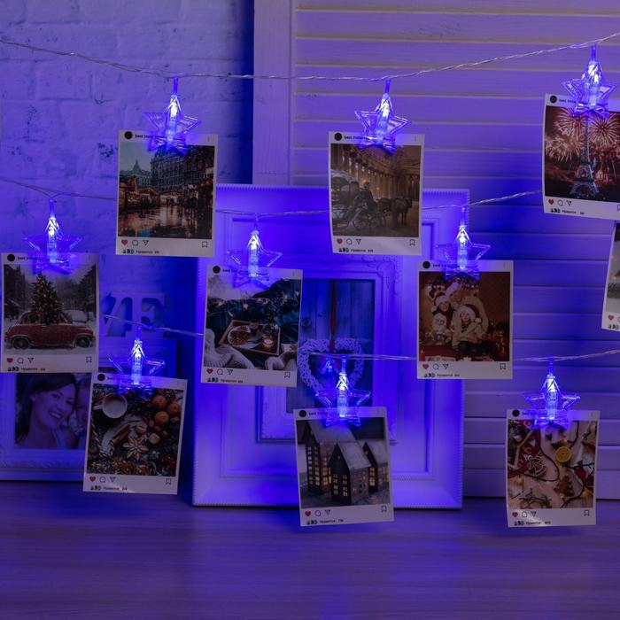 Гирлянда «Нить» 4.5 м с насадками «Прищепки-звёзды», IP20, прозрачная нить, 20 LED, свечение синее, 220 В Гирлянда «Нить» 4.5 м с насадками «Прищепки-звёзды», IP20, прозрачная нить, 20 LED, свечение синее, 220 В