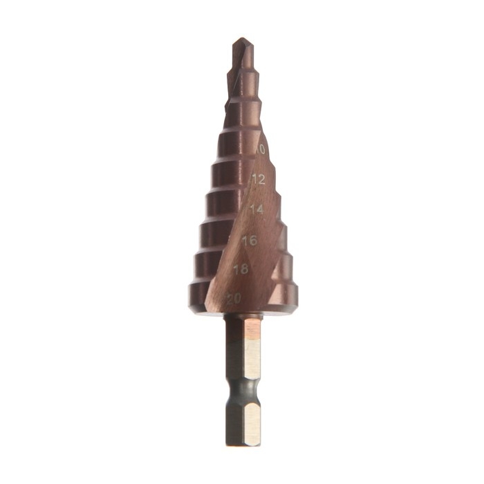 Сверло ступенчатое ТУНДРА ПРОФИ, HSS-Co, спиральный профиль, шестигранный хвостовик, 4-20 мм Сверло ступенчатое ТУНДРА ПРОФИ, HSS-Co, спиральный профиль, шестигранный хвостовик, 4-20 мм