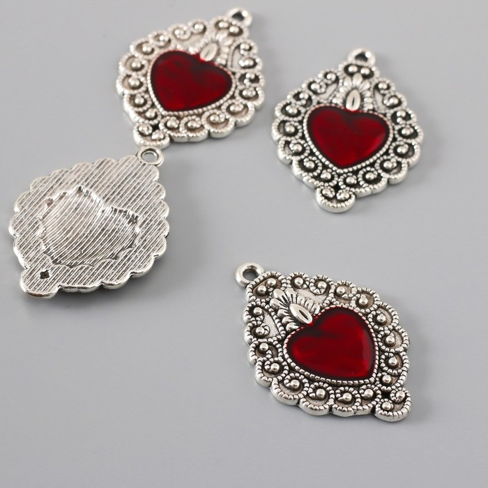 Декор для творчества металл Декор для творчества металл "Красное сердце ажур" серебро эмаль 3,5х2,4 см