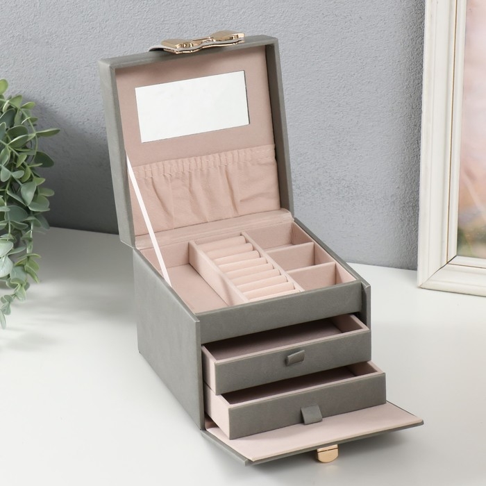 Шкатулка кожзам для украшений  Шкатулка кожзам для украшений "Золотой бантик" серая 15х15х12,7 см