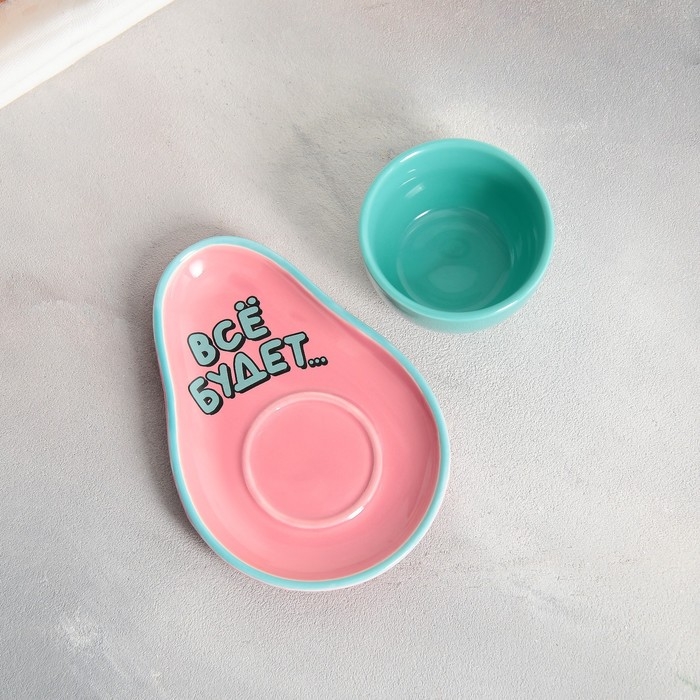Чайная пара керамическая «Все будет », кружка 100 мл, блюдце 14х10 см, цвет голубой-розовый Чайная пара керамическая «Все будет », кружка 100 мл, блюдце 14х10 см, цвет голубой-розовый