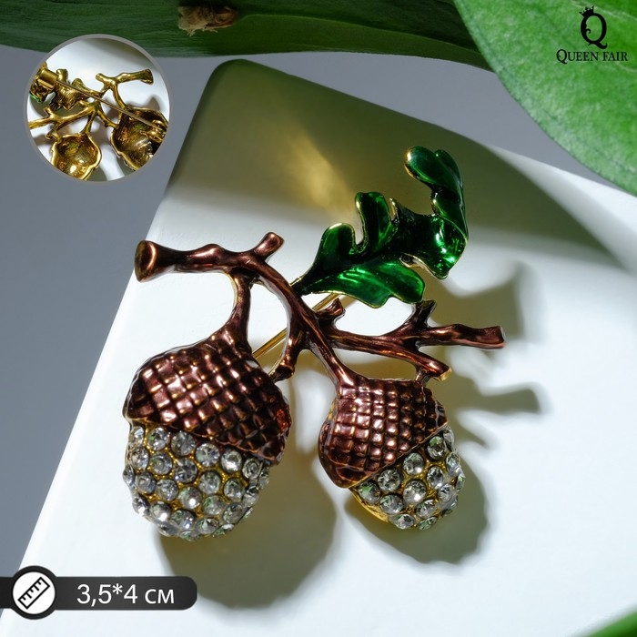 Брошь «Жёлуди», цвет бело-зелёный в чернёном золоте