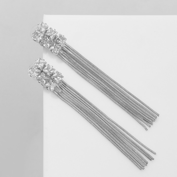 Серьги висячие со стразами «Одиссея» прямоугольник, цвет белый в серебре