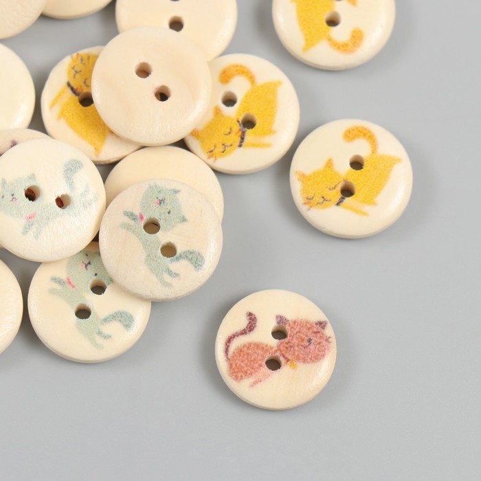 Пуговицы дерево для творчества 2 прокола Пуговицы дерево для творчества 2 прокола "Котики" набор 40 шт 1,5х1,5х0,4 см