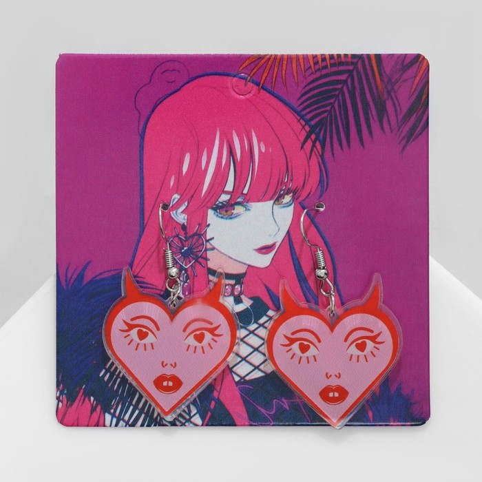 Серьги акрил «Сердце» с лицом, цвет розово-красный Серьги акрил «Сердце» с лицом, цвет розово-красный