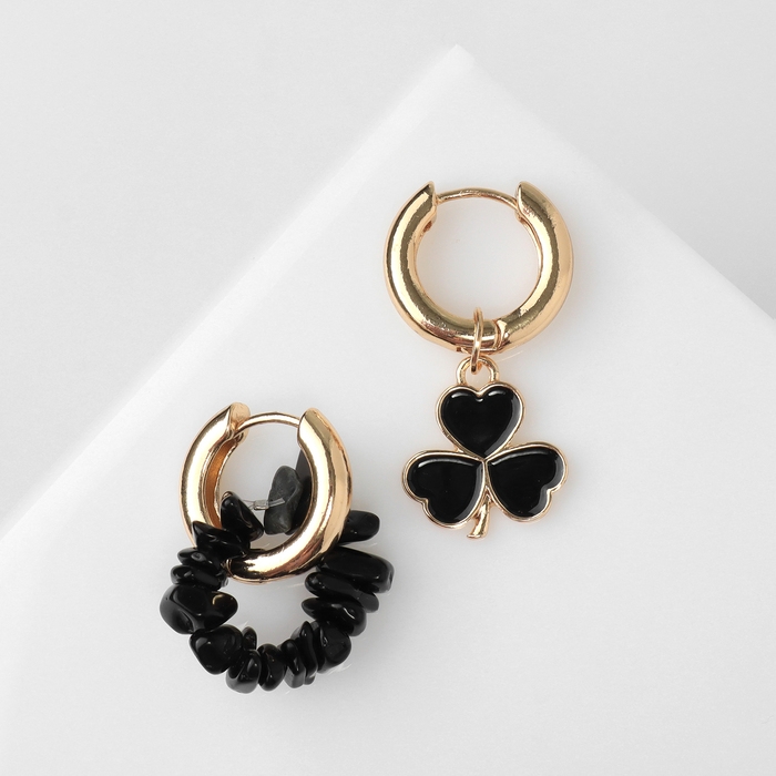 Серьги со съёмным элементом «Трансформер» клевер-сердце, цвет чёрный в золоте Серьги со съёмным элементом «Трансформер» клевер-сердце, цвет чёрный в золоте