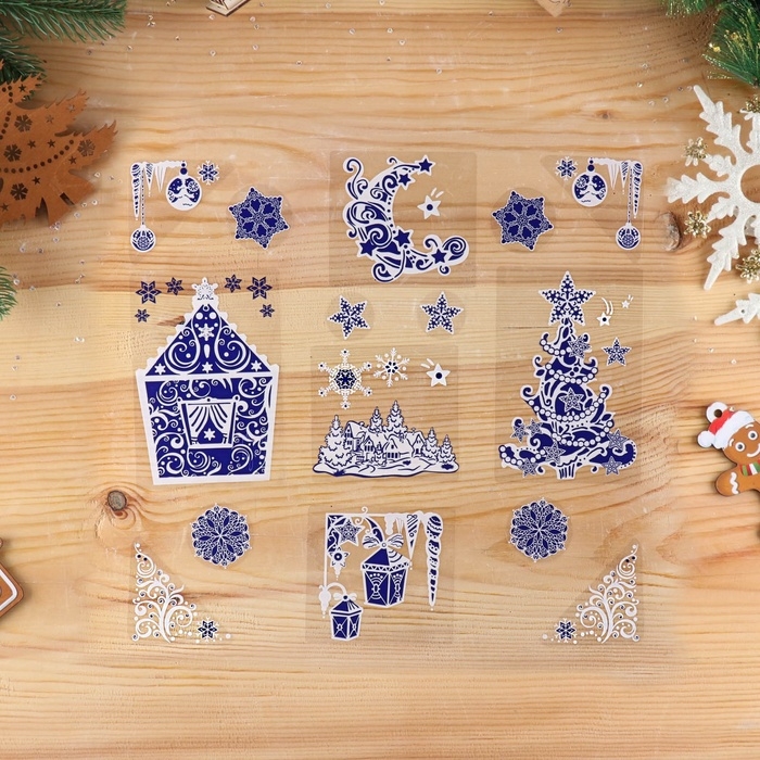 Набор наклеек на окна Набор наклеек на окна "Новогодний" синий цвет, ёлочка, дом, 37 х 37 см