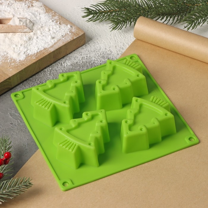 Форма для выпечки новогодняя Доляна «Новый год. Ёлочки», силикон, 18×18 см, 4 ячейки, цвет зелёный Форма для выпечки новогодняя Доляна «Новый год. Ёлочки», силикон, 18×18 см, 4 ячейки, цвет зелёный