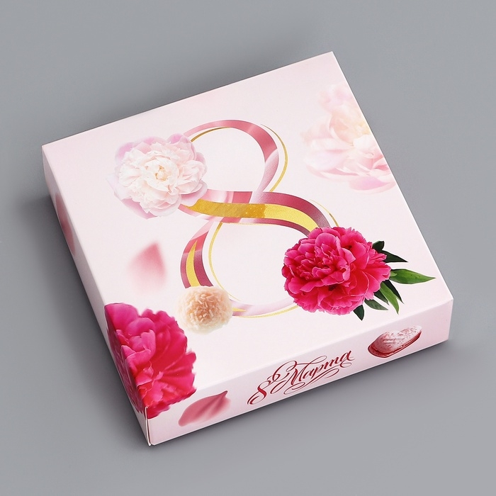 Коробка для конфет 4 шт без окна Коробка для конфет 4 шт без окна "С 8 марта", 12,6 х 12,6 х 3,5 см. Кондитерская упаковка