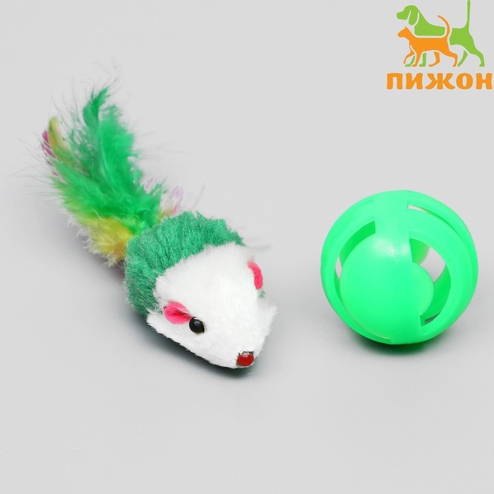 Набор игрушек для кошек: мышь 5 см и шарик с бубенчиком 3,8 см, микс цветов Набор игрушек для кошек: мышь 5 см и шарик с бубенчиком 3,8 см, микс цветов