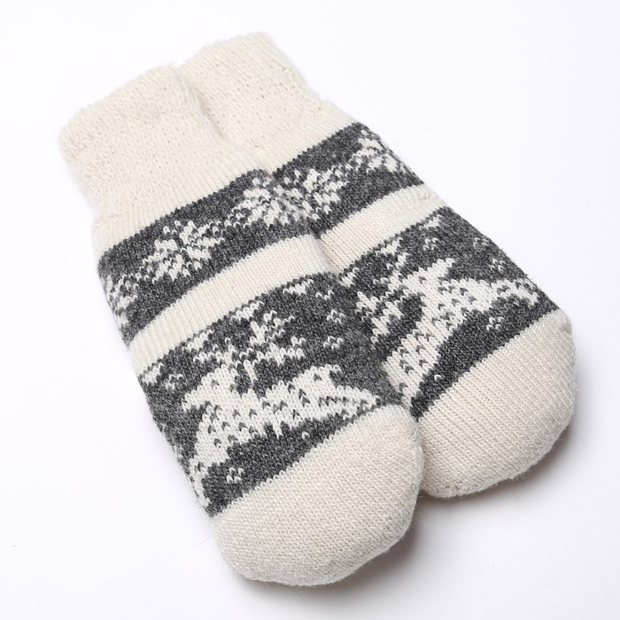 Новый год. Варежки женские шерстяные, цвет белый/серый, размер 20-22 Новый год. Варежки женские шерстяные, цвет белый/серый, размер 20-22