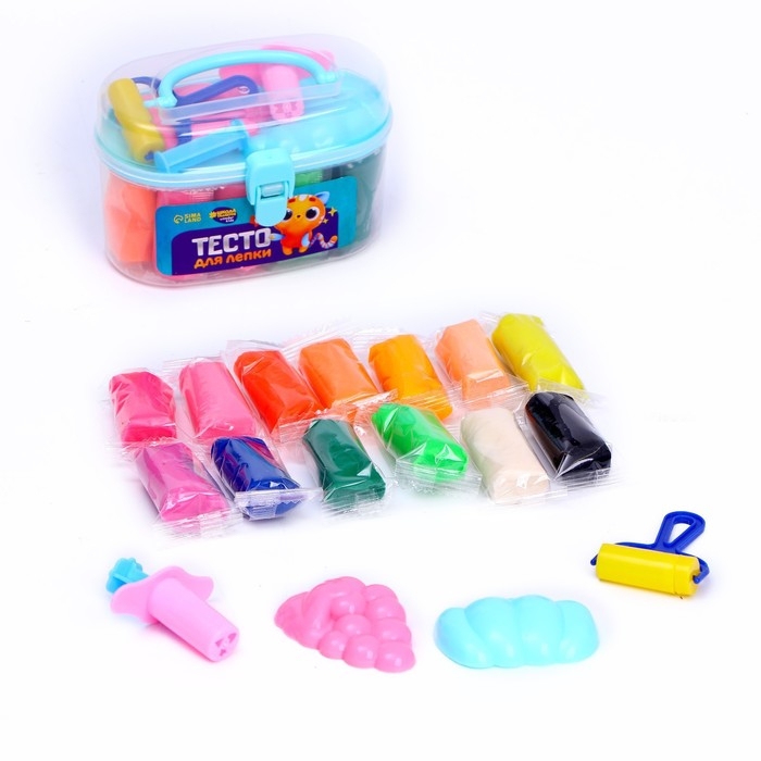 Тесто для лепки, 13 цветов, 200 г, 2 формочки, каток, шприц, цвета МИКС Тесто для лепки, 13 цветов, 200 г, 2 формочки, каток, шприц, цвета МИКС