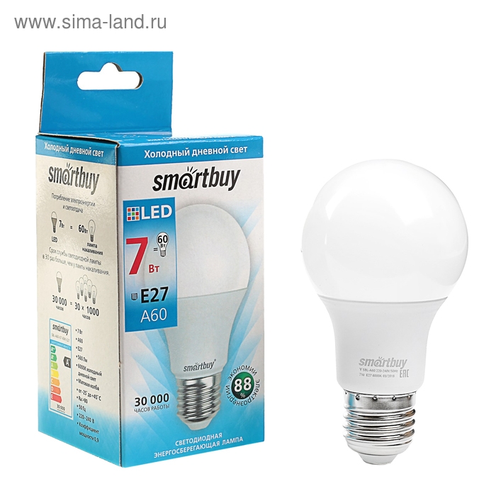 Лампа светодиодная Smartbuy, E27, А60, 7 Вт, 6000 К, холодный белый свет Лампа светодиодная Smartbuy, E27, А60, 7 Вт, 6000 К, холодный белый свет
