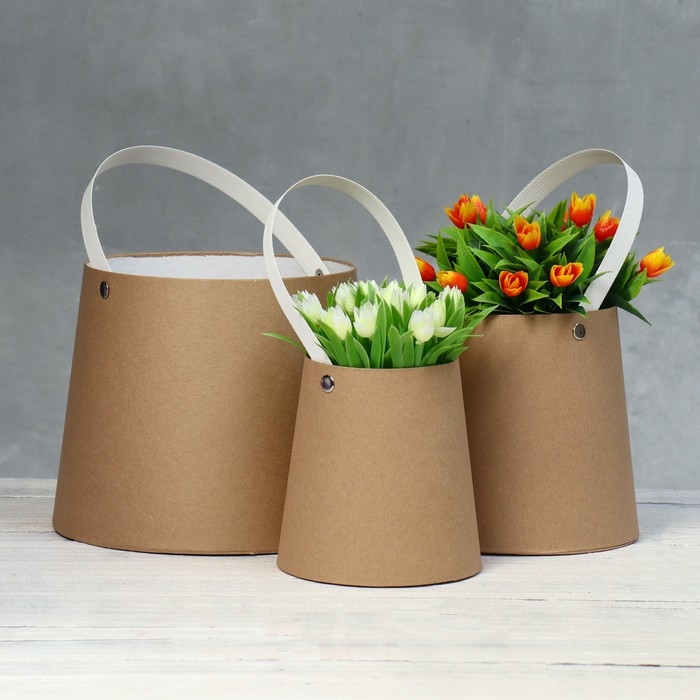 Набор коробок 3 в 1 Обратный конус крафт без крышек с ручкой 11-14 х 14-16 х 18-21 Набор коробок 3 в 1 Обратный конус крафт без крышек с ручкой 11-14 х 14-16 х 18-21