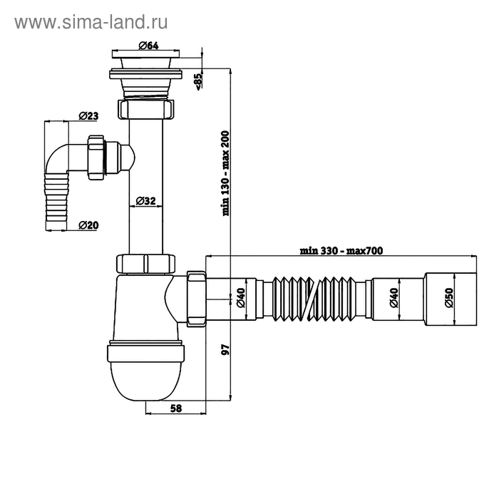 Комплект для раковины  Комплект для раковины "АНИ Пласт" C1315: сифон 1 1/4" , отвод стир. машины, гибкая труба