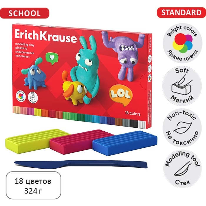 Пластилин 18 цветов, 324 г, ErichKrause Пластилин 18 цветов, 324 г, ErichKrause "Jolly Friends", со стеком, в картонной упаковке