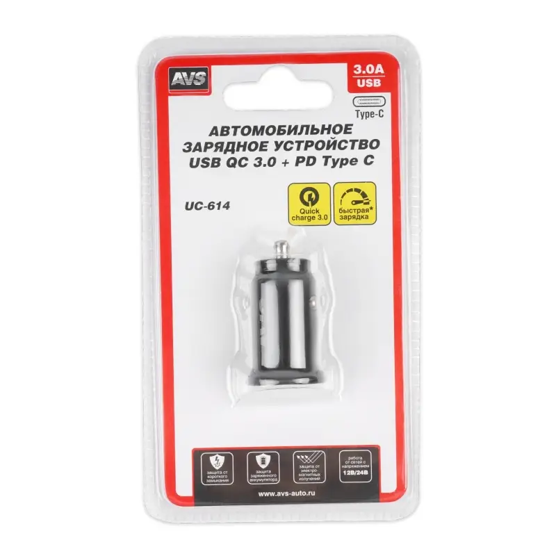 Автомобильное ЗУ AVS UC-614, 1 QC USB/1 PD Type-C, 3.0 А, 20 Вт (A40840S)
