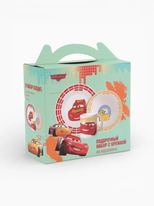Набор посуды керамической детской, 3 предмета: кружка 200 мл, тарелка 19 см, салатник 250 мл, Тачки