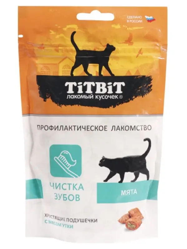 Хрустящие подушечки TitBit для кошек, для чистки зубов, с мясом утки, 60 г