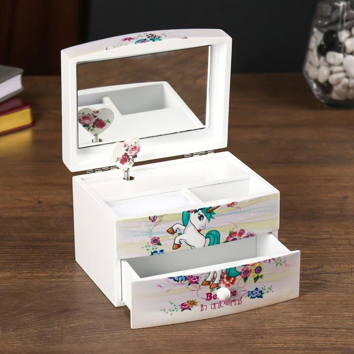 Шкатулка дерево комод 1 ящик музыкальная  Шкатулка дерево комод 1 ящик музыкальная "Единорог с подсолнухами" 9х10х13 см