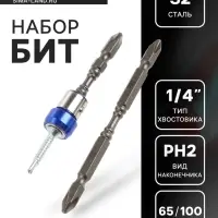 Набор бит ТУНДРА, сталь S2, круглый магнит, двухсторонняя, PH2&times;65 и 100 мм, 2 шт.