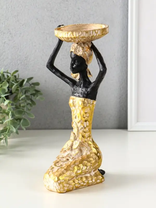 Подсвечник полистоун Подсвечник полистоун "Африканка в косынке с цветами" золото d=8 см 14х15х27,5 см