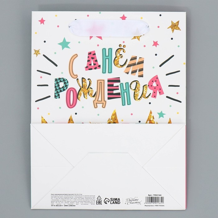 Пакет подарочный ламинированный двухсторонний, упаковка, «С Днем рождения», MS 18 х 23 х 10 см