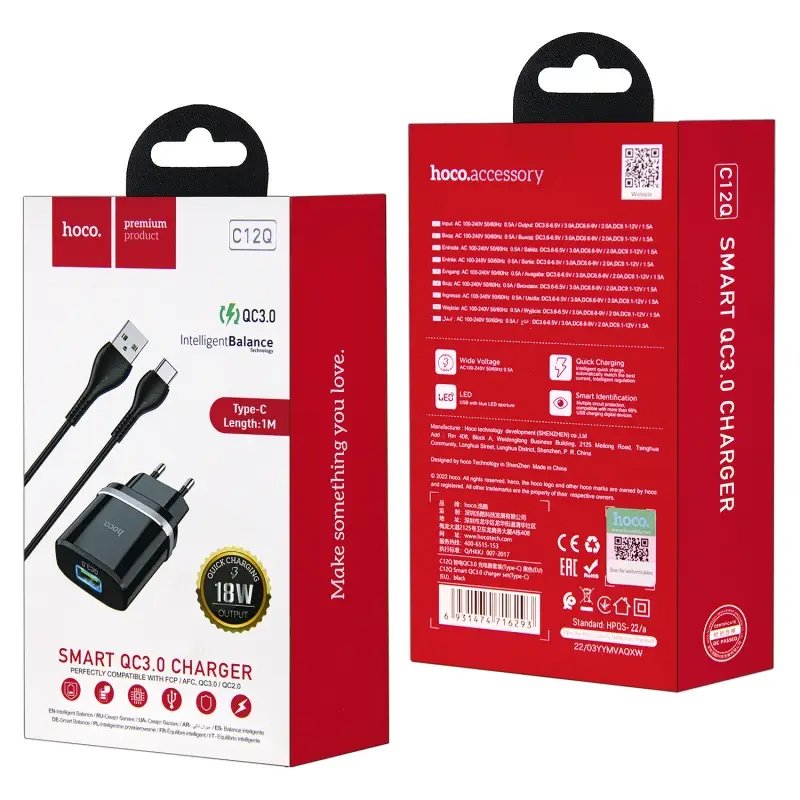 СЗУ C12Q USB на Type-C 18W HOCO черное СЗУ C12Q USB на Type-C 18W HOCO черное