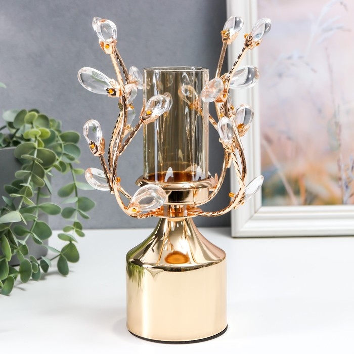 Подсвечник металл на 1 свечу "Веточки с кристаллами. Колонна" золото 25х15х15 см