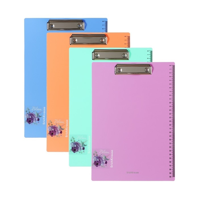 Планшет пластиковый с зажимом А4, ErichKrause Планшет пластиковый с зажимом А4, ErichKrause "Matt Pastel Bloom", шкала 30см, в пакете, МИКС