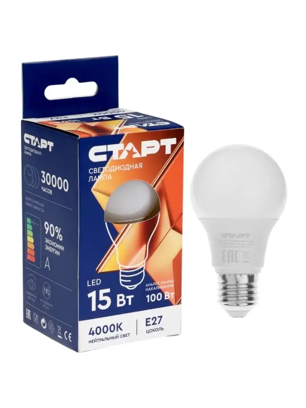 Лампа светодиодная СТАРТ, 15 Вт, Е27, 4000К, 1200 лм, матовая, свечение нейтральное белое