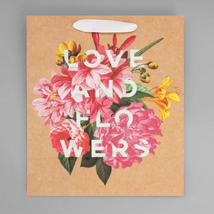 Пакет подарочный крафтовый, упаковка, Love and flowers, 23&times;27&times;11.5 см
