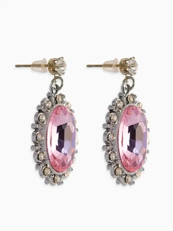 Серьги со стразами "Овал грань", цвет розовый в серебре