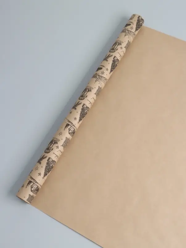 Бумага упаковочная крафт, Бумага упаковочная крафт, "Зимняя деревня", на буром 75гр/м² 0,7 х 10 м