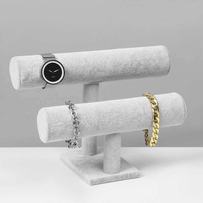 Подставка для часов, браслетов, двухуровневая, флок, 25,5×13×19 см, d=5 см, цвет серый Подставка для часов, браслетов, двухуровневая, флок, 25,5×13×19 см, d=5 см, цвет серый