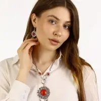 Набор 2 предмета: серьги, колье &laquo;Индия&raquo;, цвет красный в чернёном серебре, 50 см