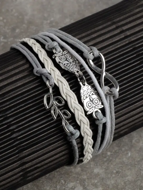 Браслет кожаный &laquo;Совы, веточка и знак бесконечности&raquo;, L=20 см, 5 нитей, белый, серый