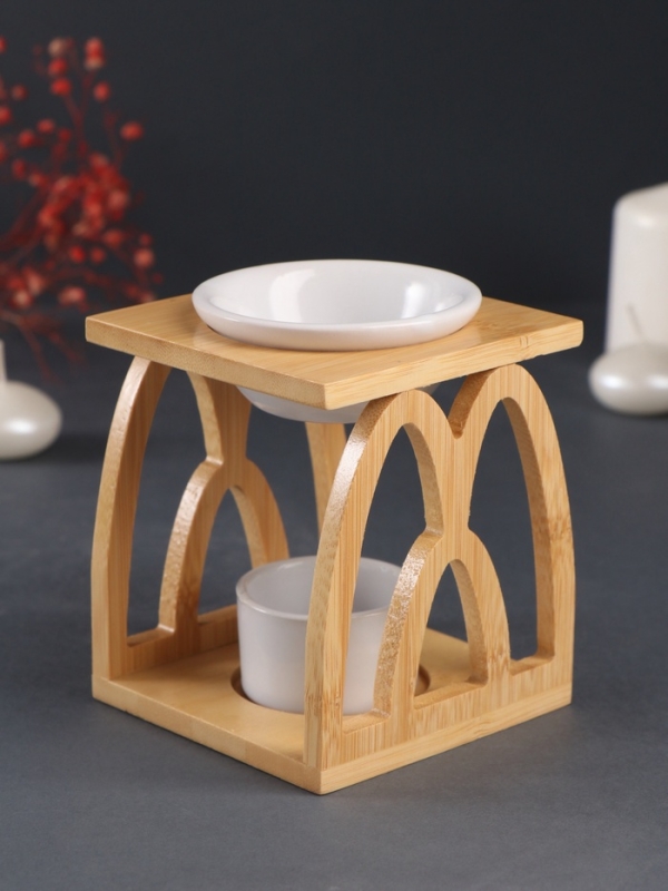 Аромалампа бамбук, керамика с подставкой под свечу Аромалампа бамбук, керамика с подставкой под свечу "Узоры" белая 9,5х9,5х13,5 см