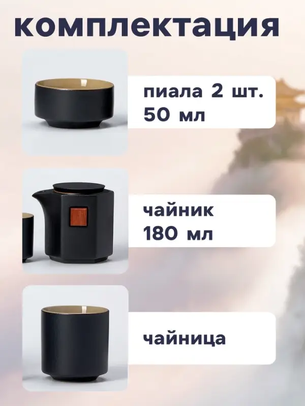 Набор для чайной церемонии ДЖЕКИЧАЙ &laquo;Асахи&raquo;, 4 предмета, на 2 персоны, чашка 50 мл, чайник 180 мл, керамика, чёрный