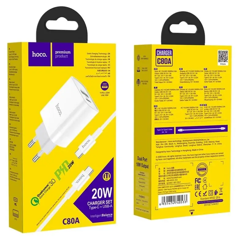 Сетевое зарядное устройство с кабелем Type-C на Type-C PD20W + USB C80A HOCO белое