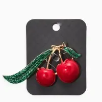 Брошь "Вишня с листиками", цвет красно-зелёный в золоте