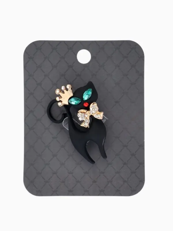 Брошь &laquo;Кошка грация&raquo;, в короне, матовая, чёрная в золоте