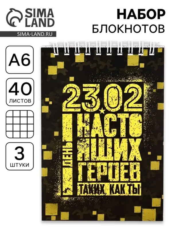 Блокноты, А6, 40 л., на гребне, клетка, набор из 3 шт. &laquo;23.02 день героев&raquo;
