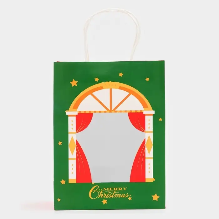 Пакет подарочный бумажный, с окном &laquo;Театр&raquo; 19&times;26&times;13 см, крафт зеленый