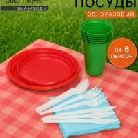 Одноразовая посуда пластиковая Не ЗАБЫЛИ! &laquo;Пикник&raquo;, набор на 6 персон, тарелки d=20.5 см, d=17 см, стаканы, вилки, ножи, салфетки, МИКС